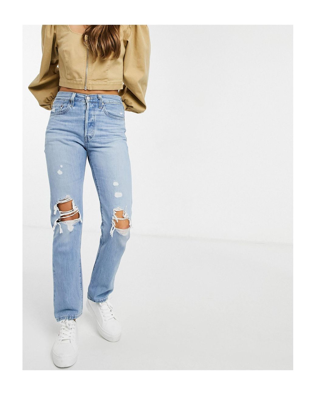 Levi's 501 High Rise Rip Knee Straight Leg Crop Jeans in Blue | Lyst