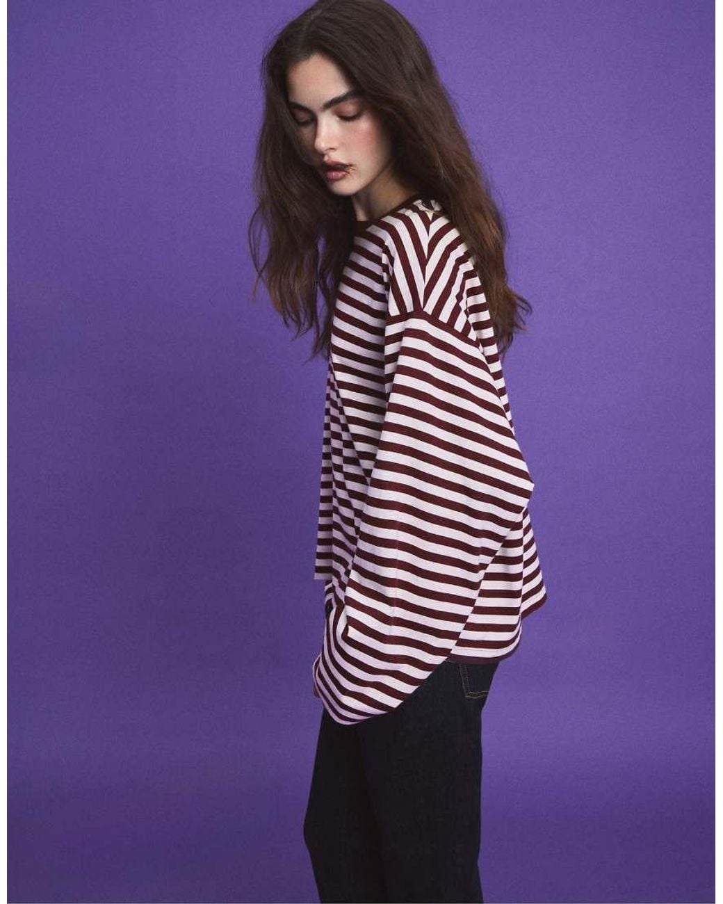 Stradivarius Purple Oversize Striped Long Sleeve T-Shirt