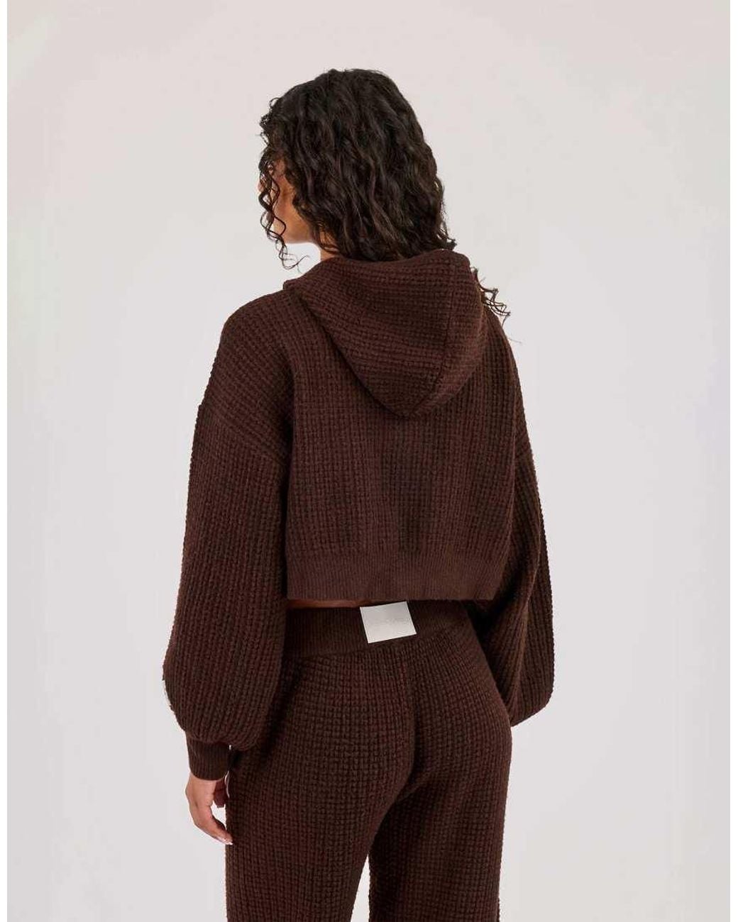 CERNUCCI Brown Waffle Knit Cropped Zip Through Hoodie