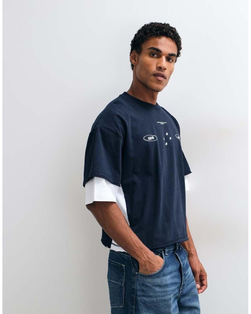 ASOS Blue Boxy Oversized Double Layer Graphic Polo for men