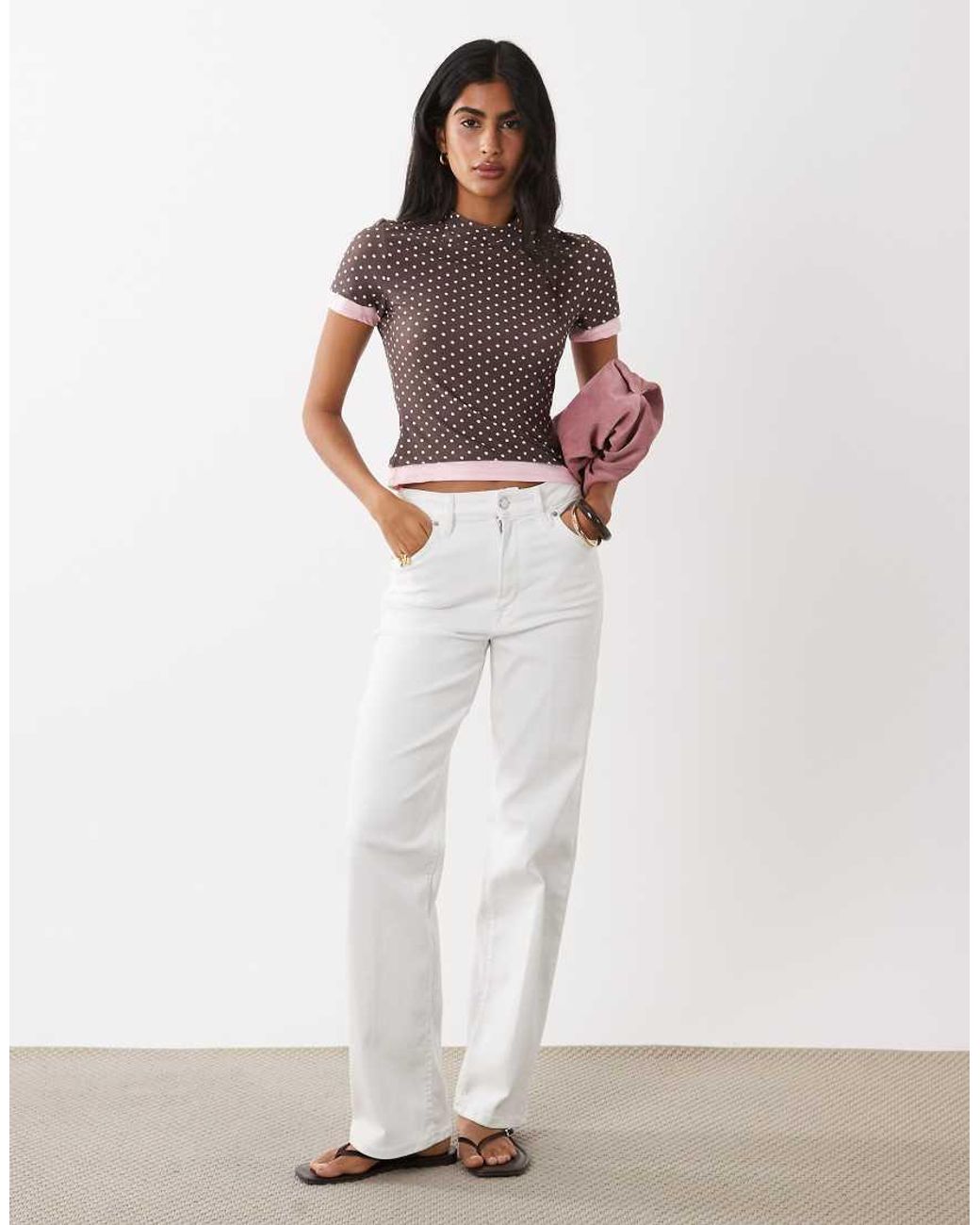 ASOS Brown Short Sleeve Double Layer Polka Dot Top