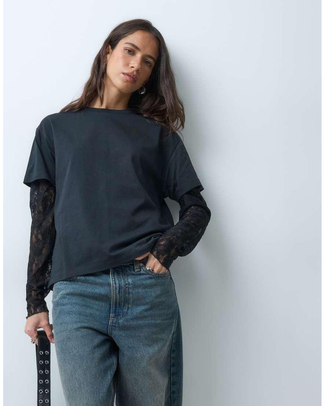 Miss Selfridge Blue Oversized Tshirt With Lace Sleeve