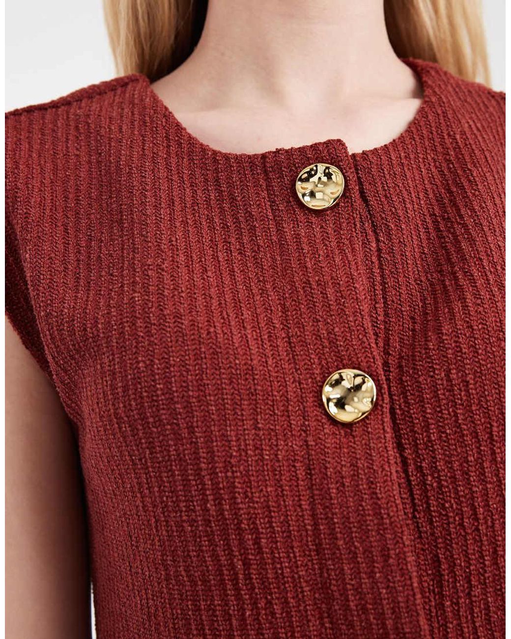 ONLY Red Rib Knit Vest Co-ord With Gold Button Detail