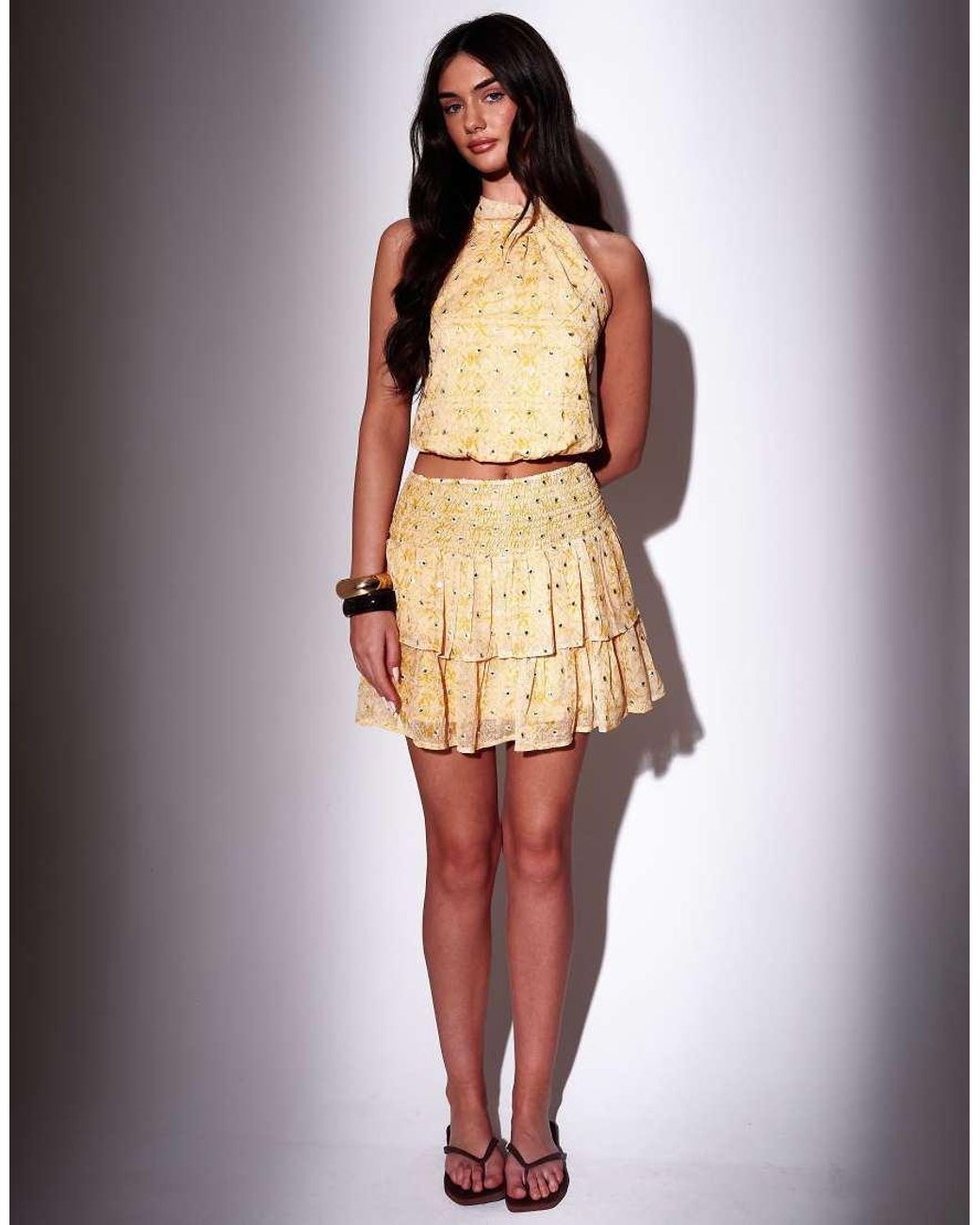 South Beach Yellow Embroidered Mirror Detail Frill Mini Skirt