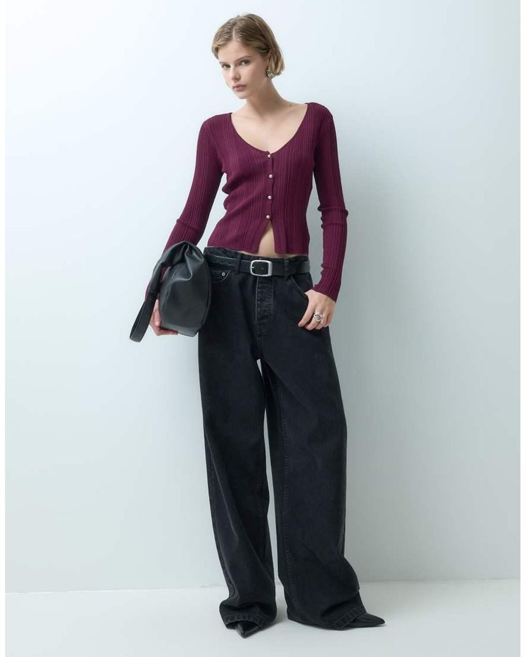 Miss Selfridge Red Fine Knit Rib Top With Buttons