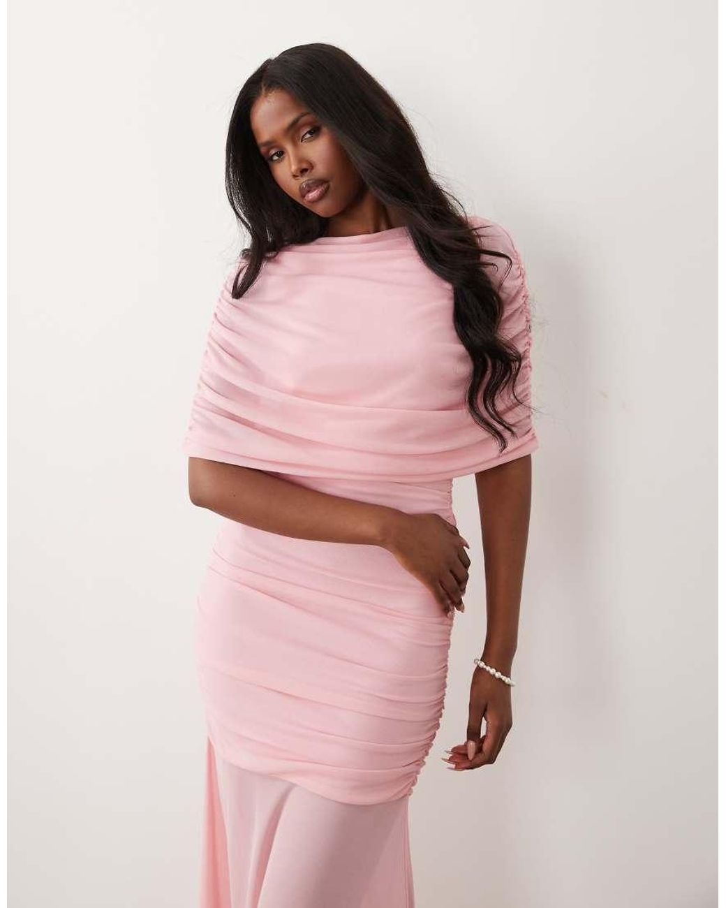 Forever New Pink Mesh Boat Neck Cape Detail Maxi Dress