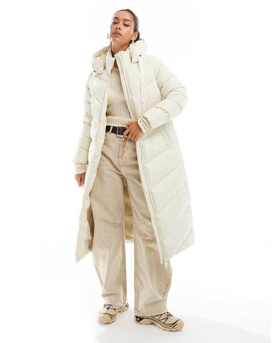 Threadbare Full Length Hooded Puffer in Natural Lyst UK
