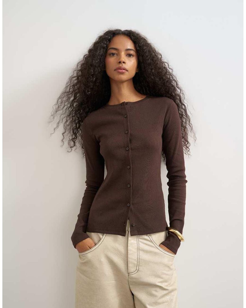 TOPSHOP Brown Button Through Long Sleeve Top