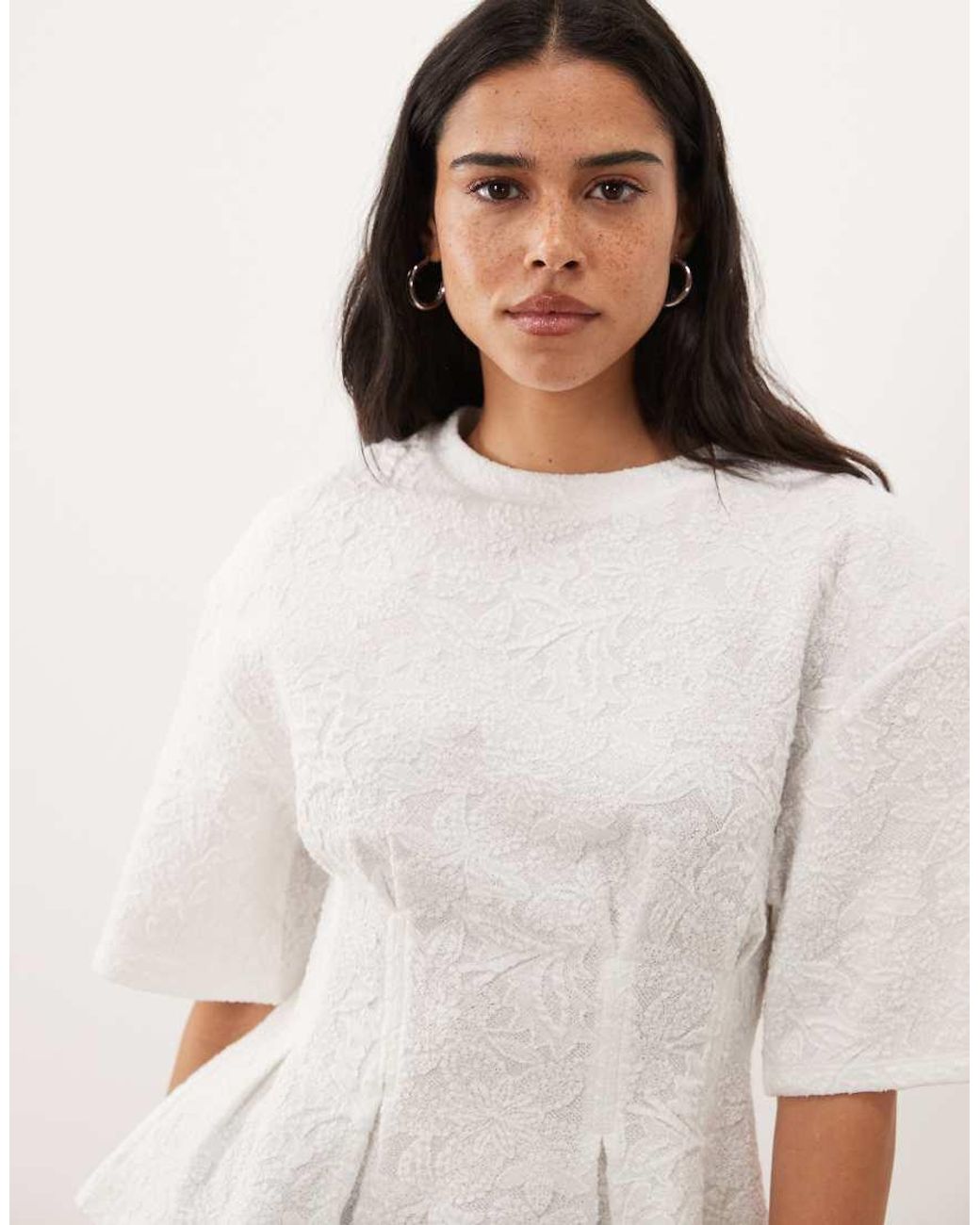 ASOS White Floral Jacquard Pleated Waist T-shirt