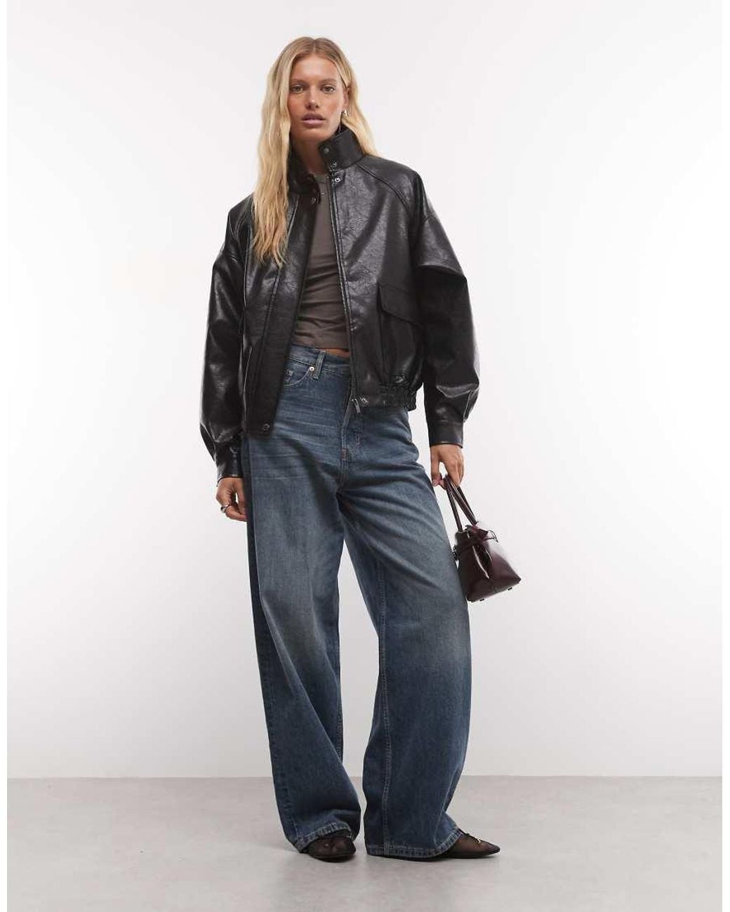 French Connection Black Faux Leather Funnel Neck Jacket