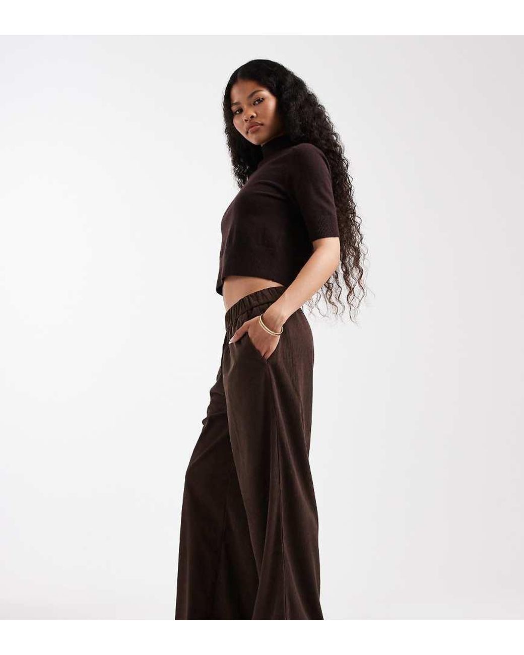 Only Petite Black Wide Leg Pull On Cord Trouser