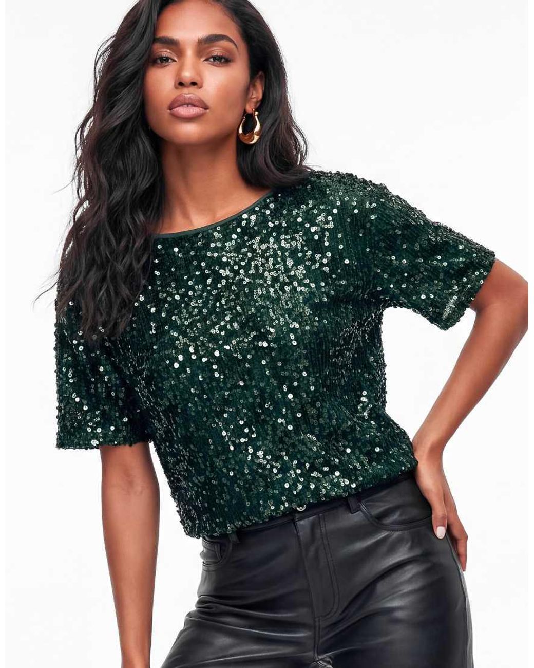 Lovedrobe Blue Embellished Velvet Short Sleeve Boxy Top