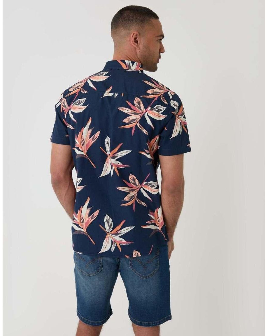Threadbare Blue Tropical Leaf Print Cotton Short Sleeve Shirt for men