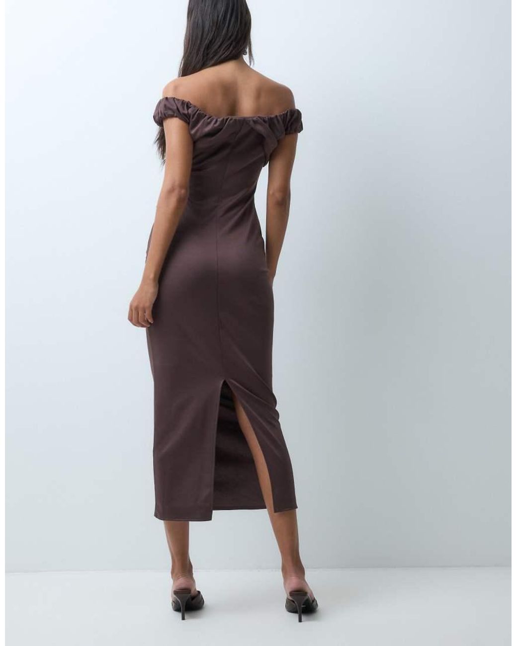 ASOS Purple Structured Midi Dress With Ruched Off Shoulder Detail