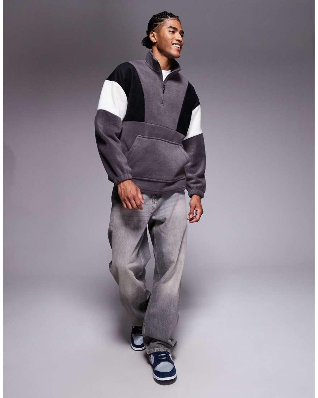 ASOS Purple Relaxed Funnel Neck Fleece Sweatshirt With Colour Block for men