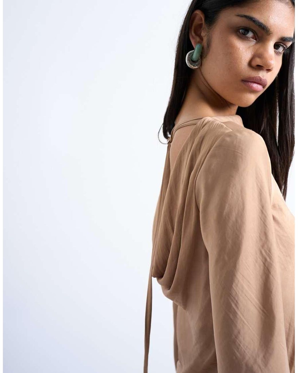 TOPSHOP Brown Cowl Back Long Sleeve Mini Satin