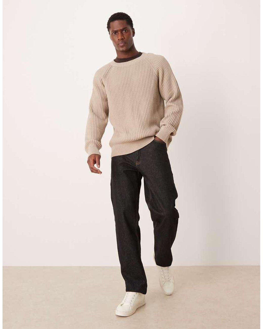 SELECTED Natural Ribbed Jumper With Raglan Sleeves for men