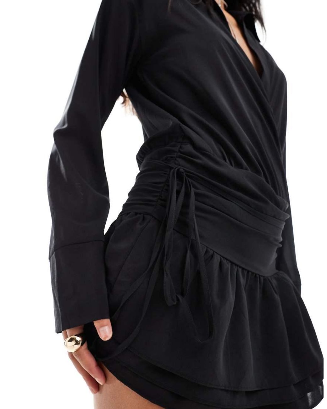 Kaiia Black Exclusive Plunge Neck Dropped Waist Ruffle Hem Mini Dress