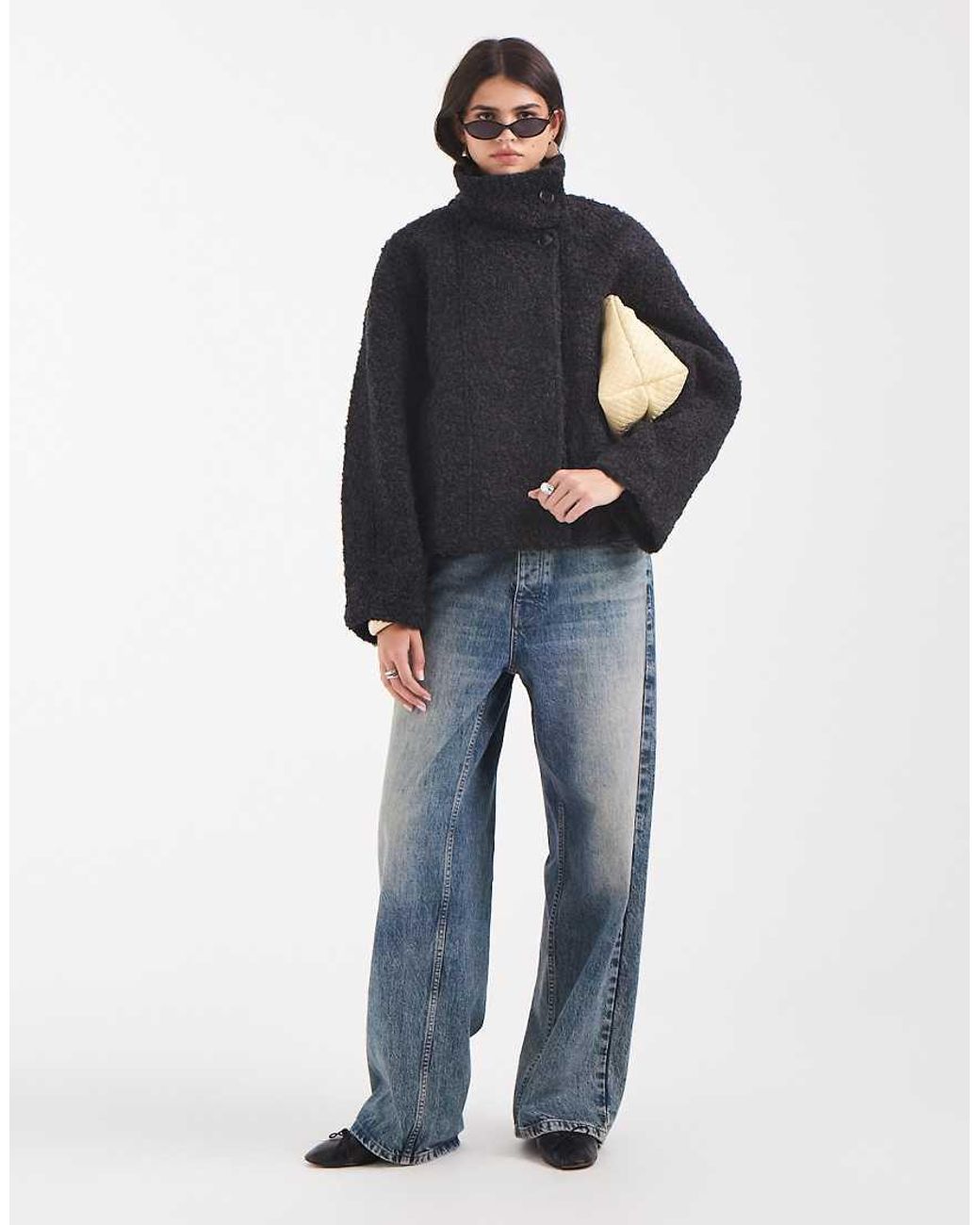 Object Blue Premium Funnel Neck Wool Blend Short Borg Coat