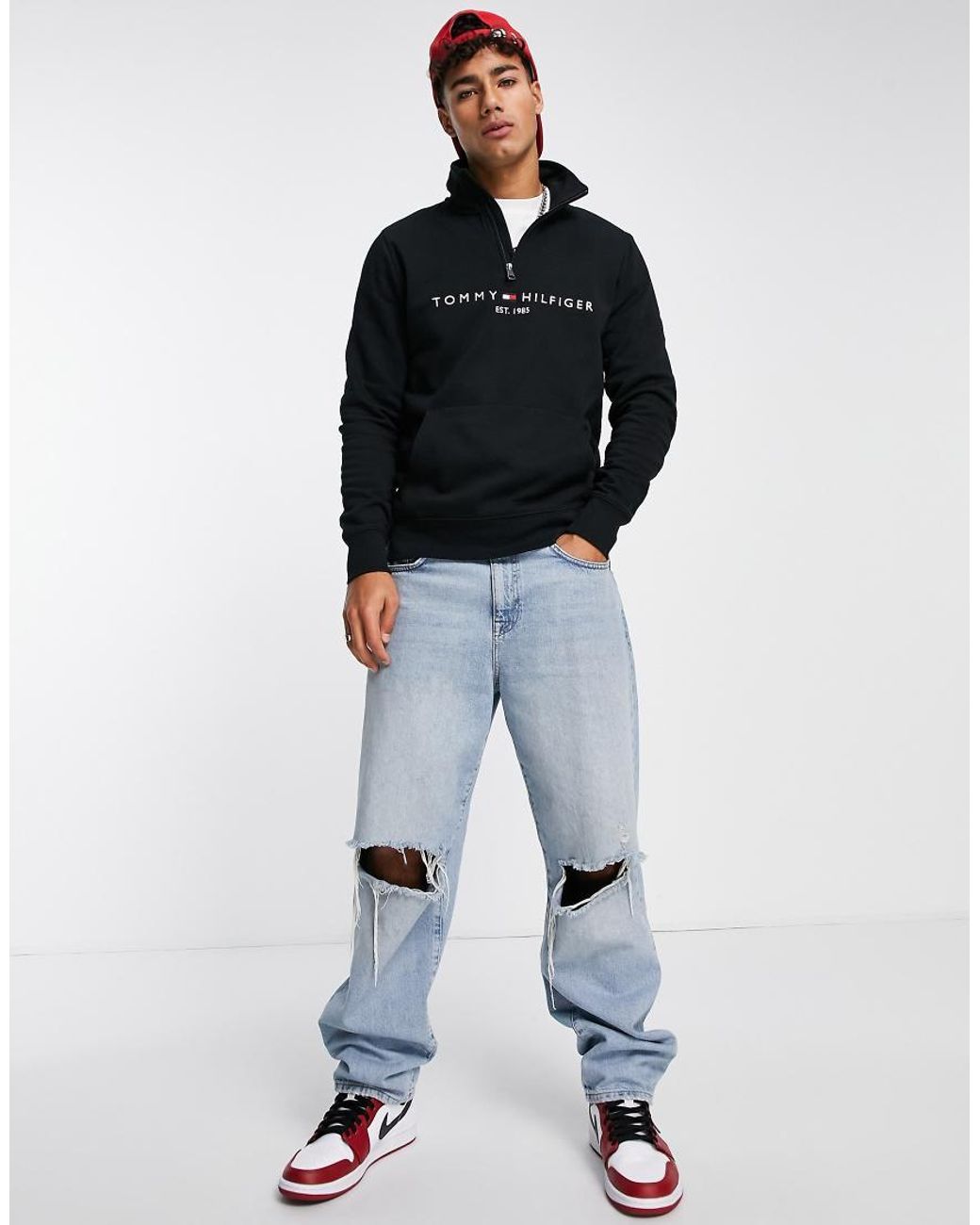 Tommy Hilfiger Black Embroidered Flag Logo Half Zip Sweatshirt for men