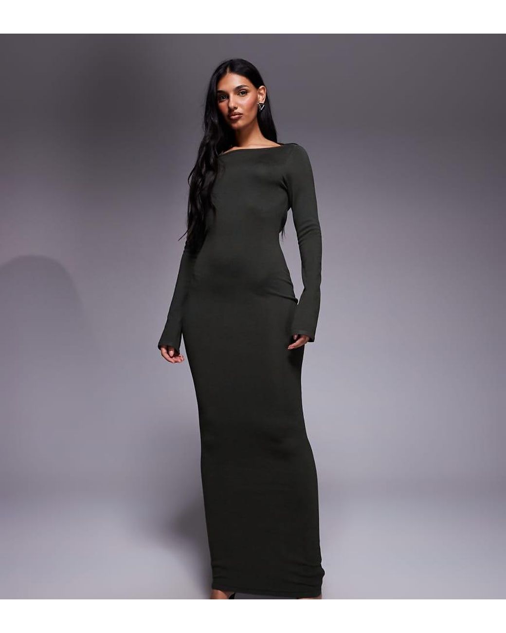 Kaiia Gray Exclusive Fine Knit Cowl Tie Back Long Sleeve Maxi Dress