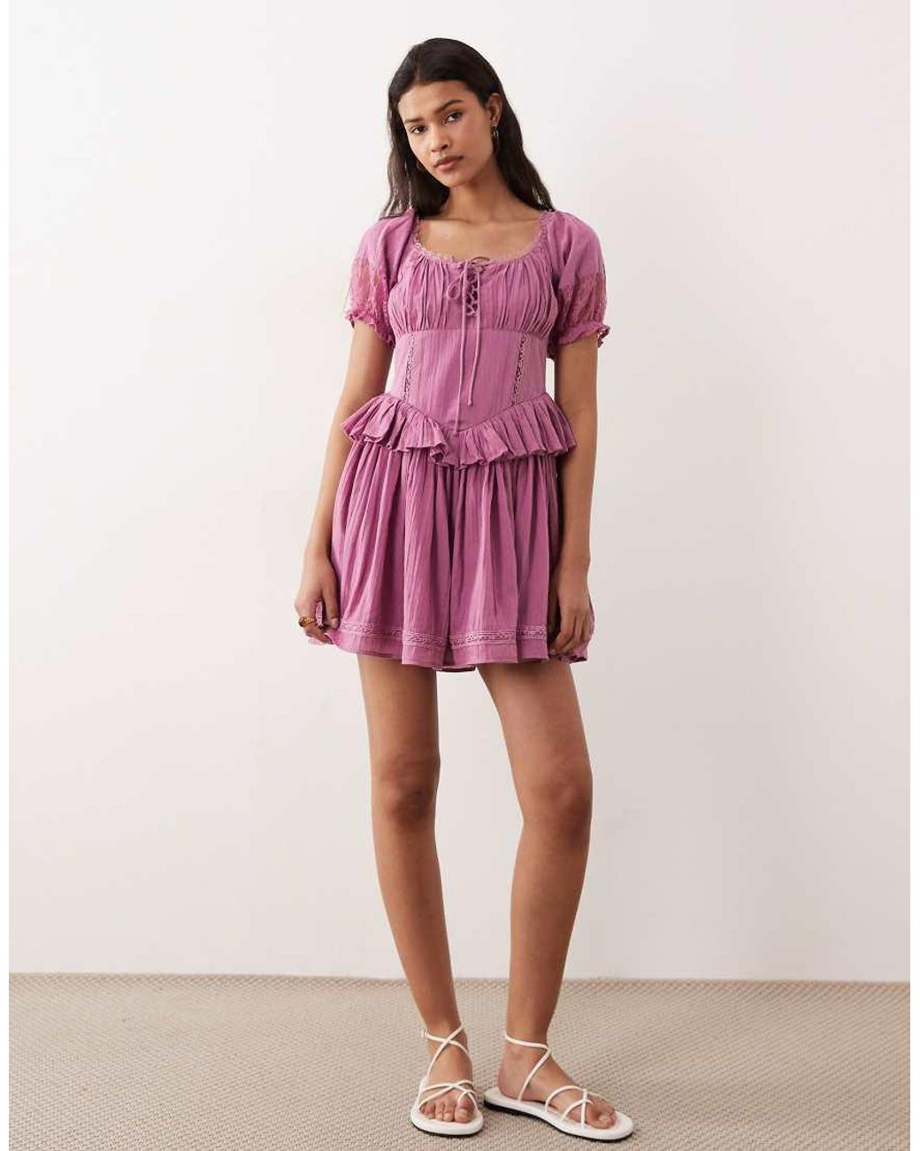 Miss Selfridge Pink Cheesecloth Lace Detail Milkmaid Dress