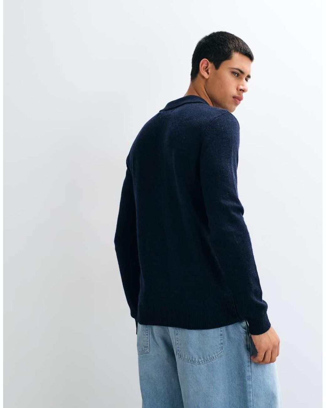 Blend Blue Knitted Collared Wool-mix Jumper for men