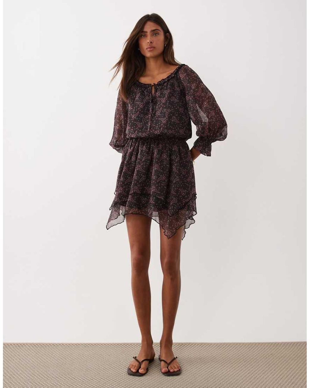Miss Selfridge Brown Chiffon Bardot Mini Dress