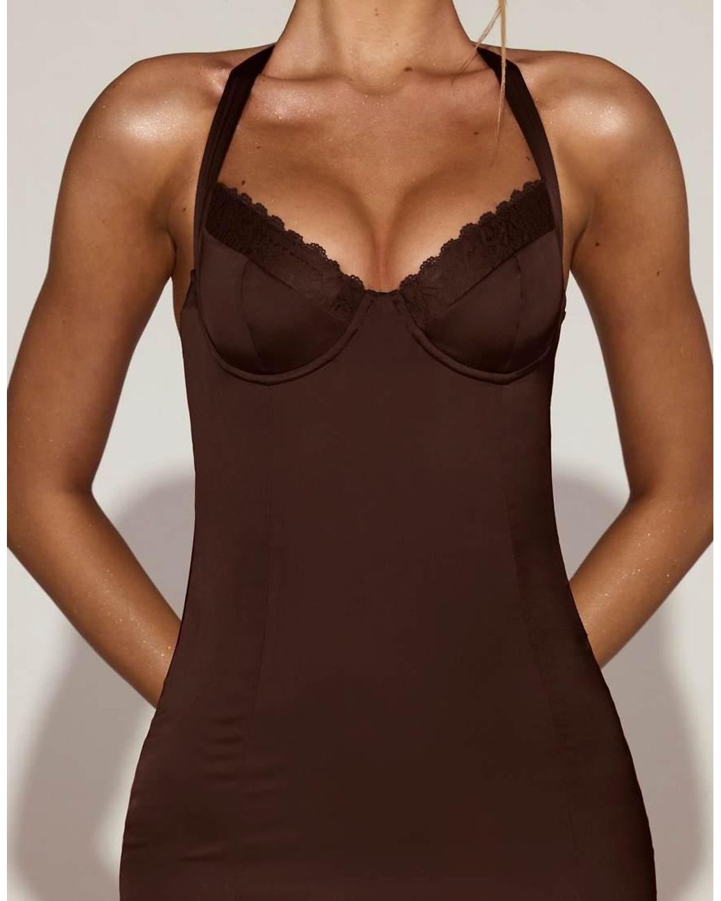Oh Polly Brown Elyra Satin Lace Trim Halter Neck Fishtail Midaxi Dress