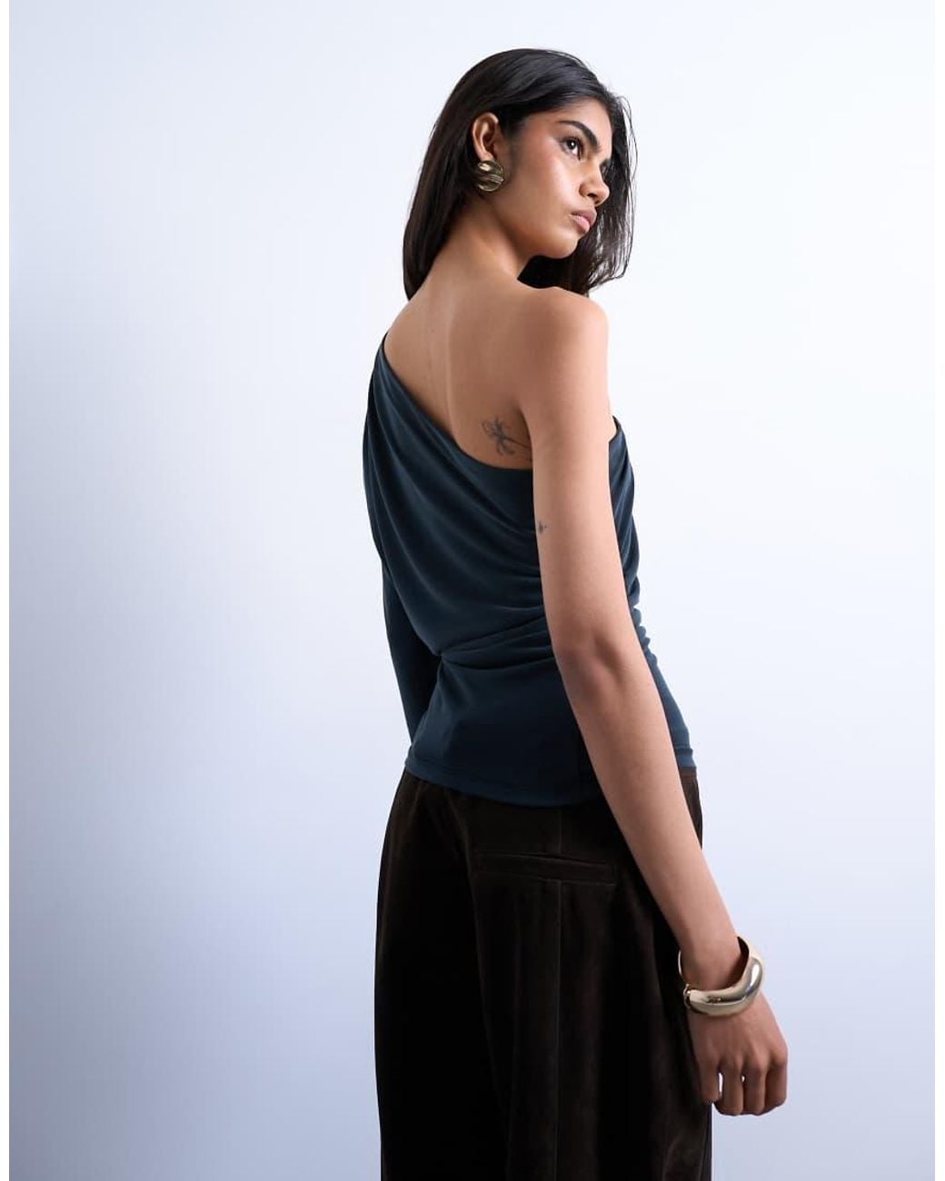TOPSHOP Blue Cupro Ruched One Sleeve Top