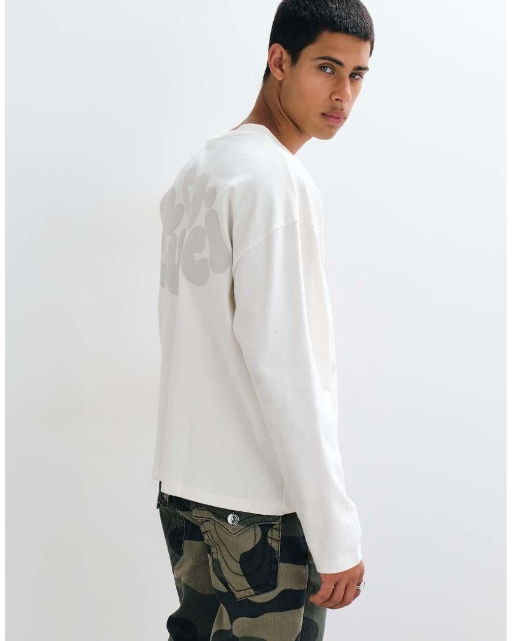 CERNUCCI Long Sleeve T-shirt With Chain Stitch Logo Back Print-white for men