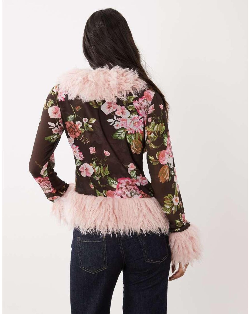 AFRM Natural Simone Mesh Faux Fur Trim Long Sleeve Top