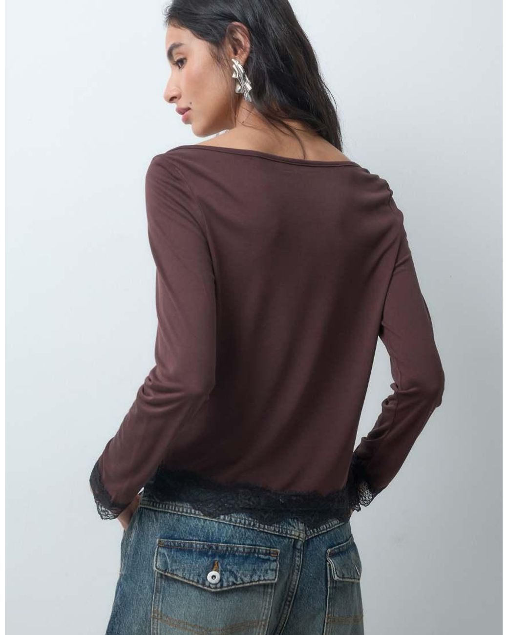 ONLY Brown Slash Neck Asymmetric Top With Lace Detail