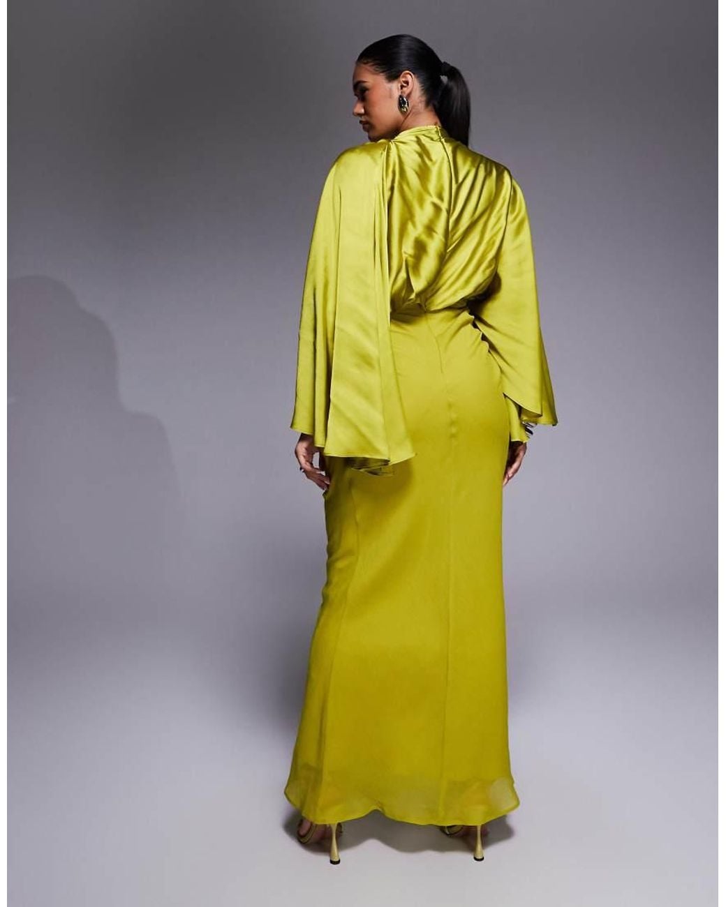 ASOS Yellow Flared Sleeve Satin And Chiffon Mix Maxi Dress With Draped Skirt
