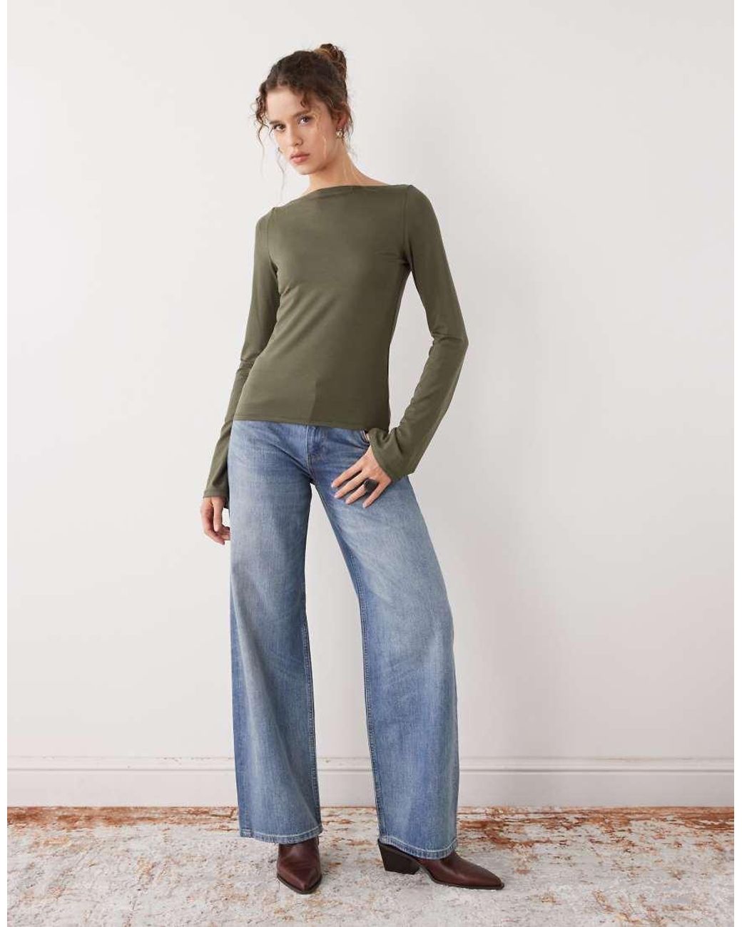 Weekday Green Annie Super Soft Long Sleeve Boat Neck Top