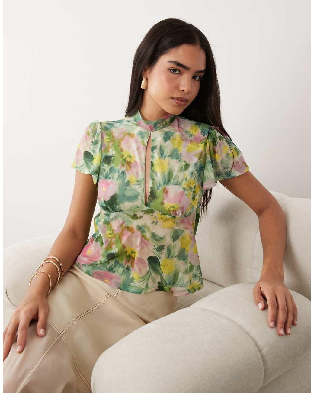 ASOS Green Floaty Mesh Flutter Sleeve Top With Tie Back Detail