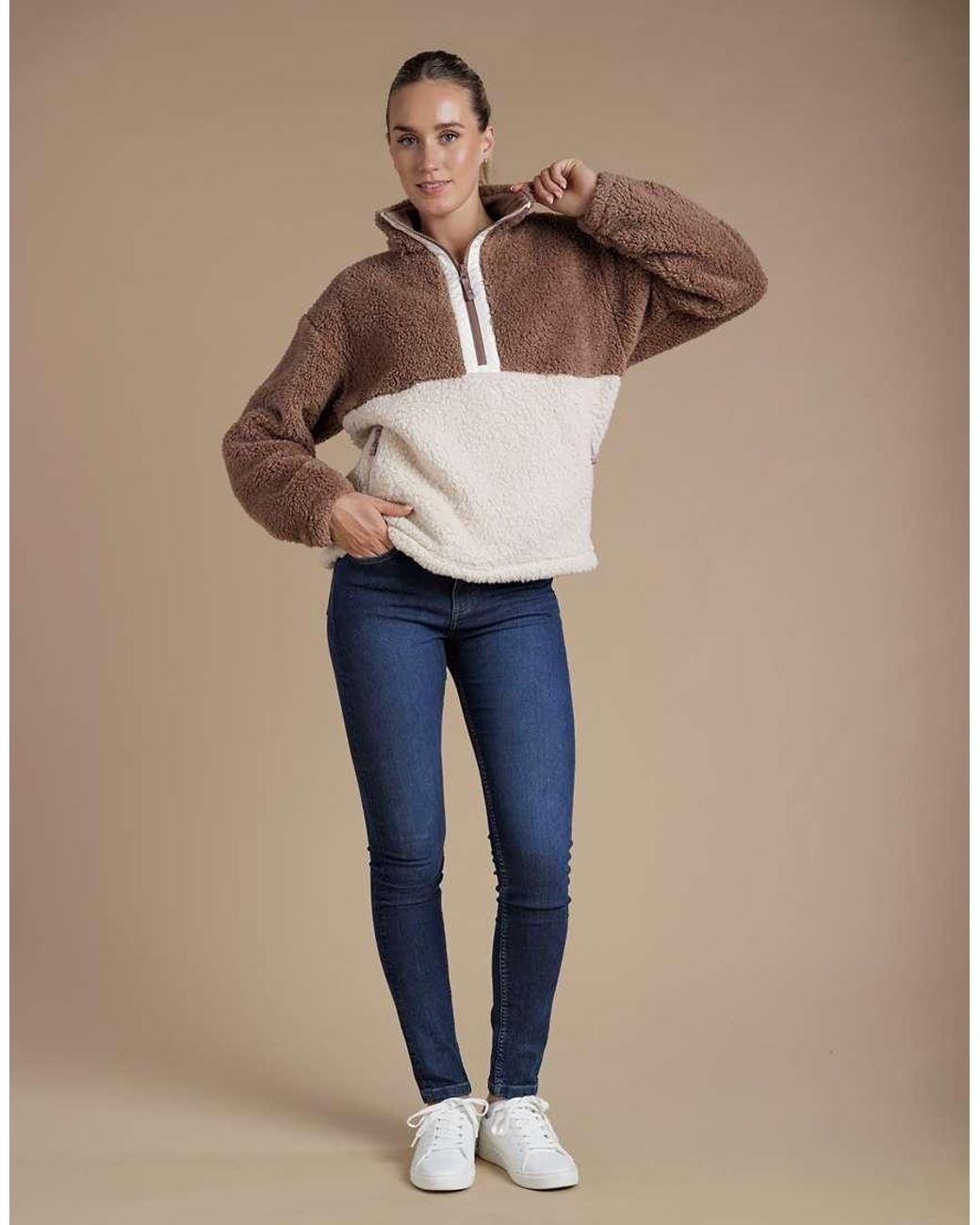French Connection Natural Borg Colourblock High Neck 1/2 Zip Fleece Pullover