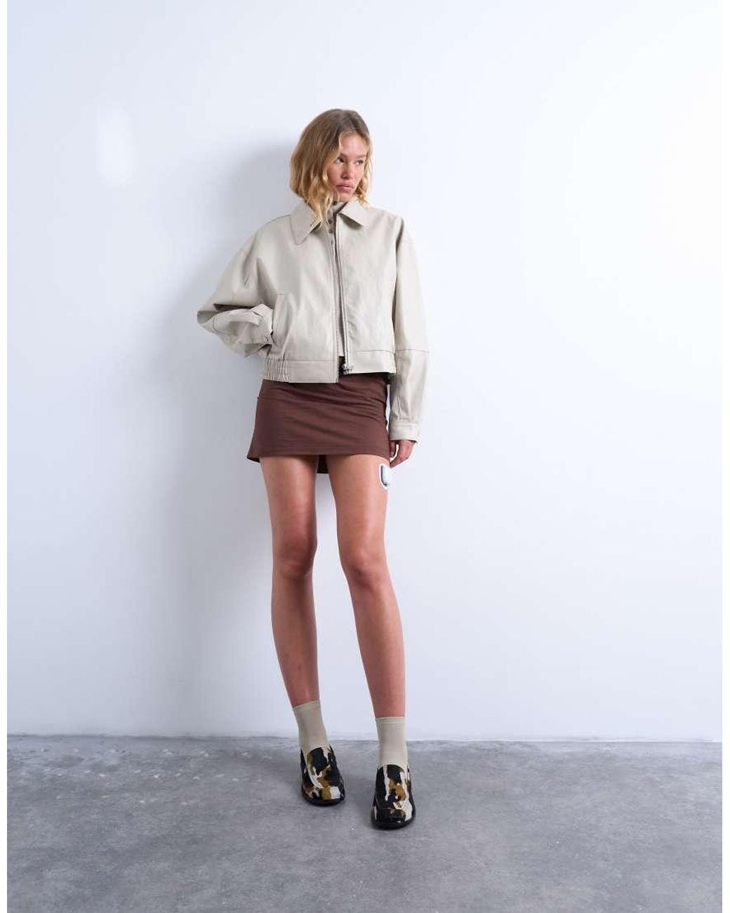 TOPSHOP White Faux Leather Dropped Shoulders Cropped Zip Up Jacket