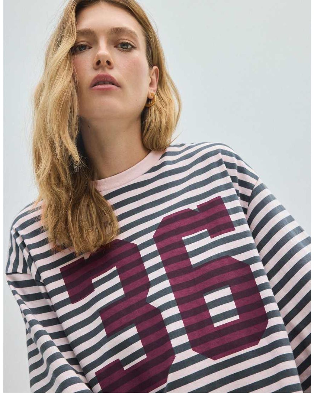 Stradivarius Blue Striped Printed Long Sleeve T-shirt