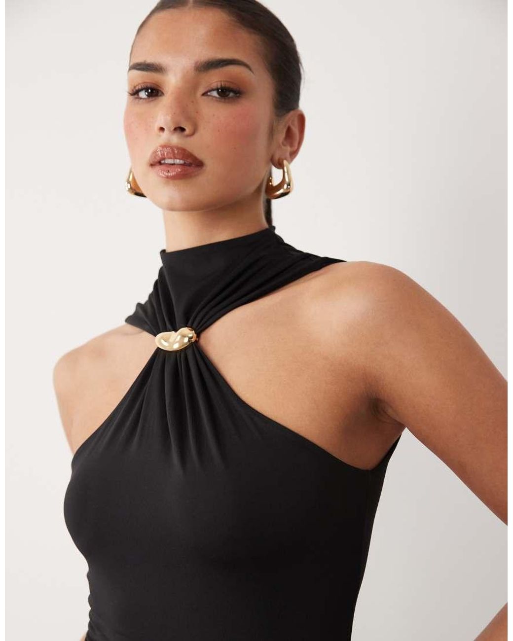 ASOS Black Hardware Detail High Neck Cutaway Slinky Maxi Dress