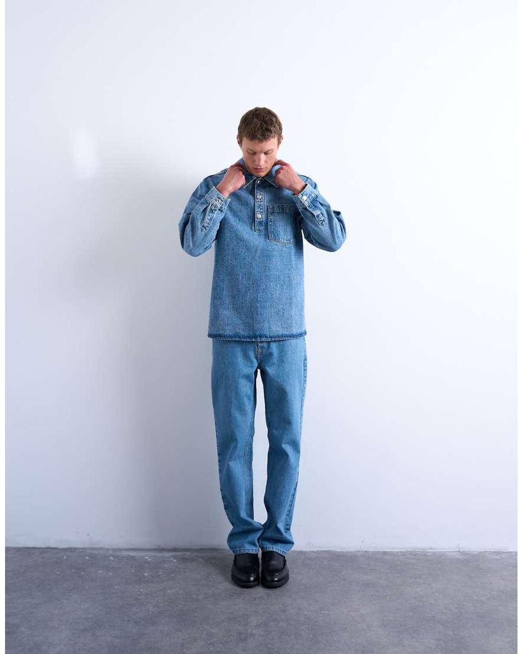 Topman Blue Relaxed Fit Overhead Denim Shirt for men