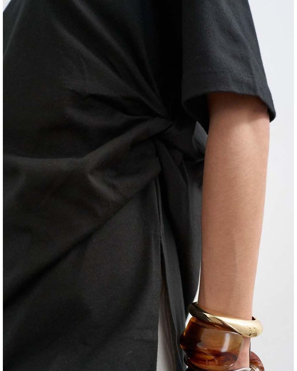 TOPSHOP Black Oversized Tee With Knot Hem