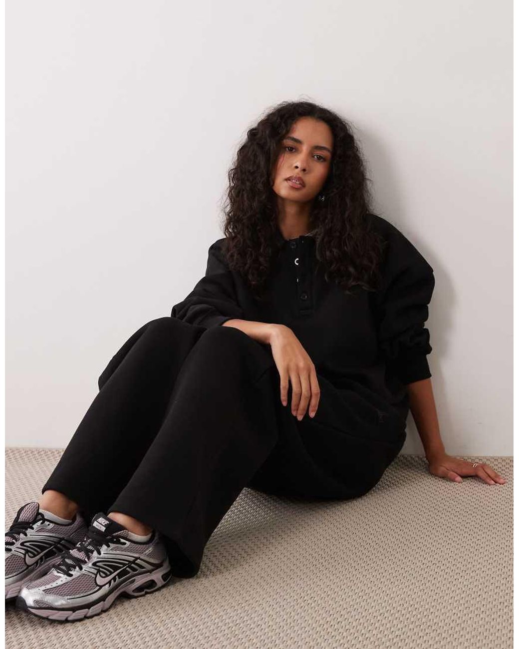 Kaiia Black Cotton Rich Logo Detail Button Wide Leg joggers Co-ord