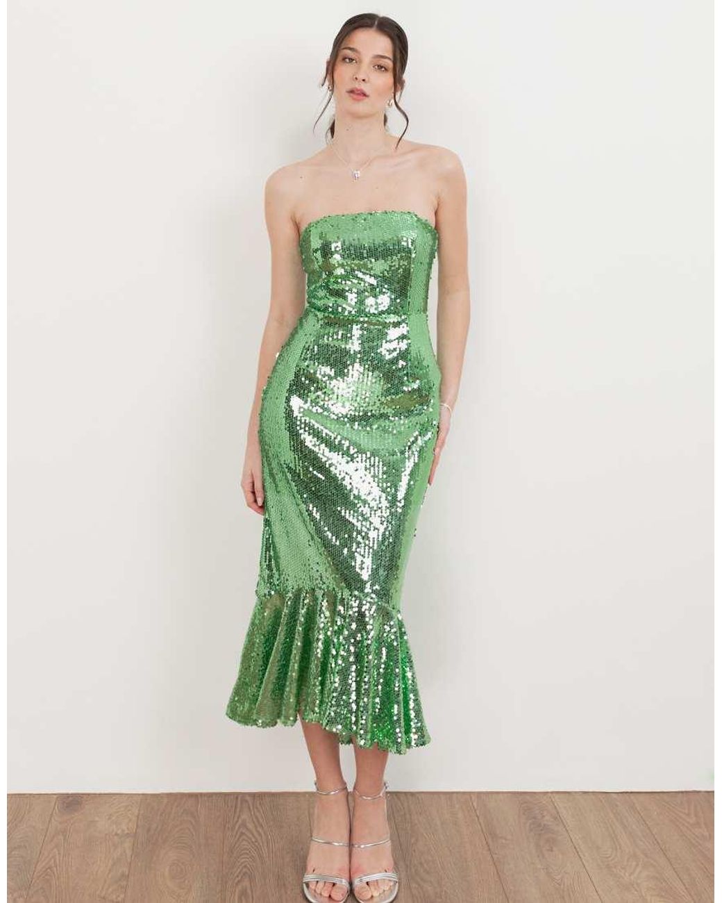 Maya Green Fully Embellished Bandeau Midi Dress