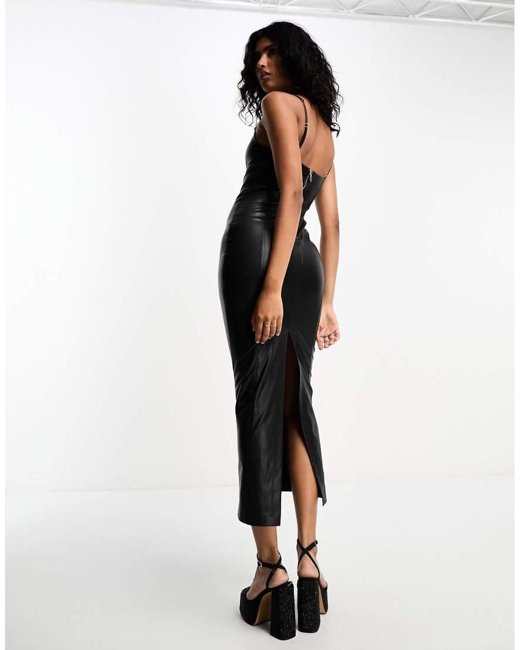 bershka leather dress Bershka cut out front strappy faux leather midaxi dress in chocolate
