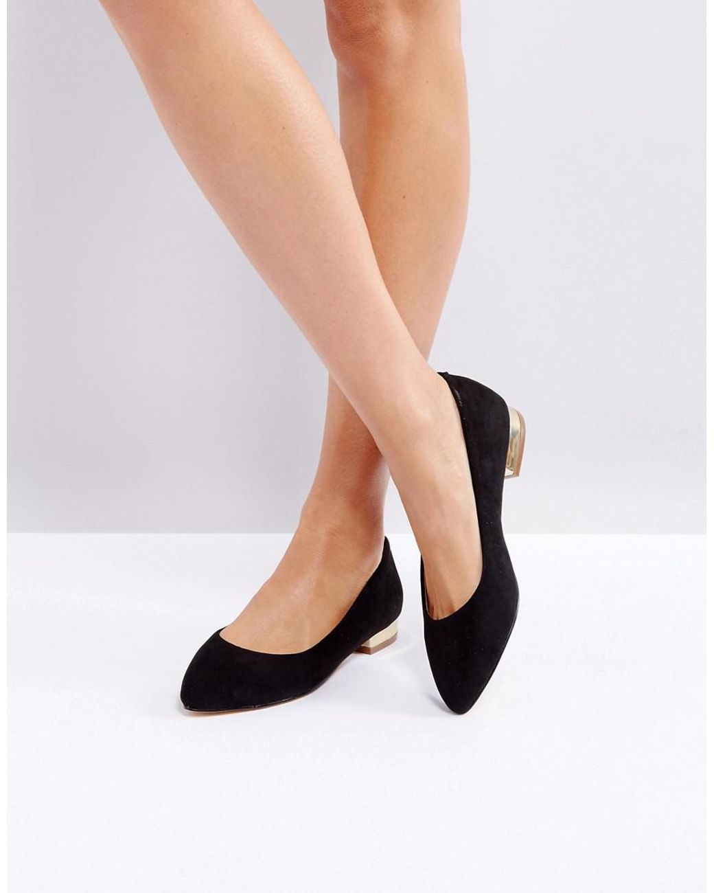 London Rebel Ballerina Topline Gold Heel Flat Shoe in Black | Lyst