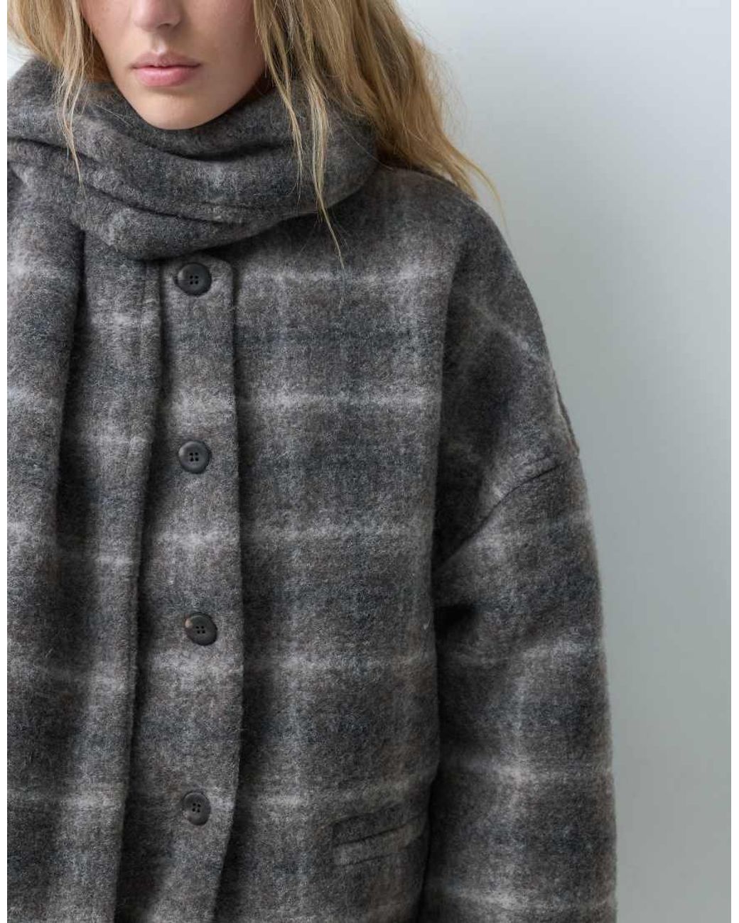 Object Gray Premium Short Wool-Blend Coat With Detachable Scarf