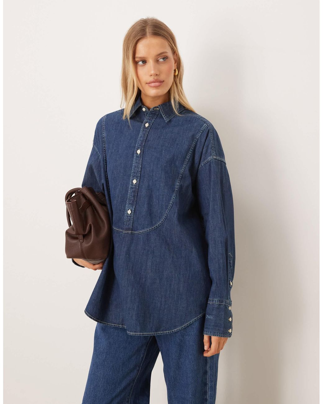 Chemise oversize en jean à plastron devant et logo emblématique - délavage foncé Polo Ralph Lauren en coloris Blue