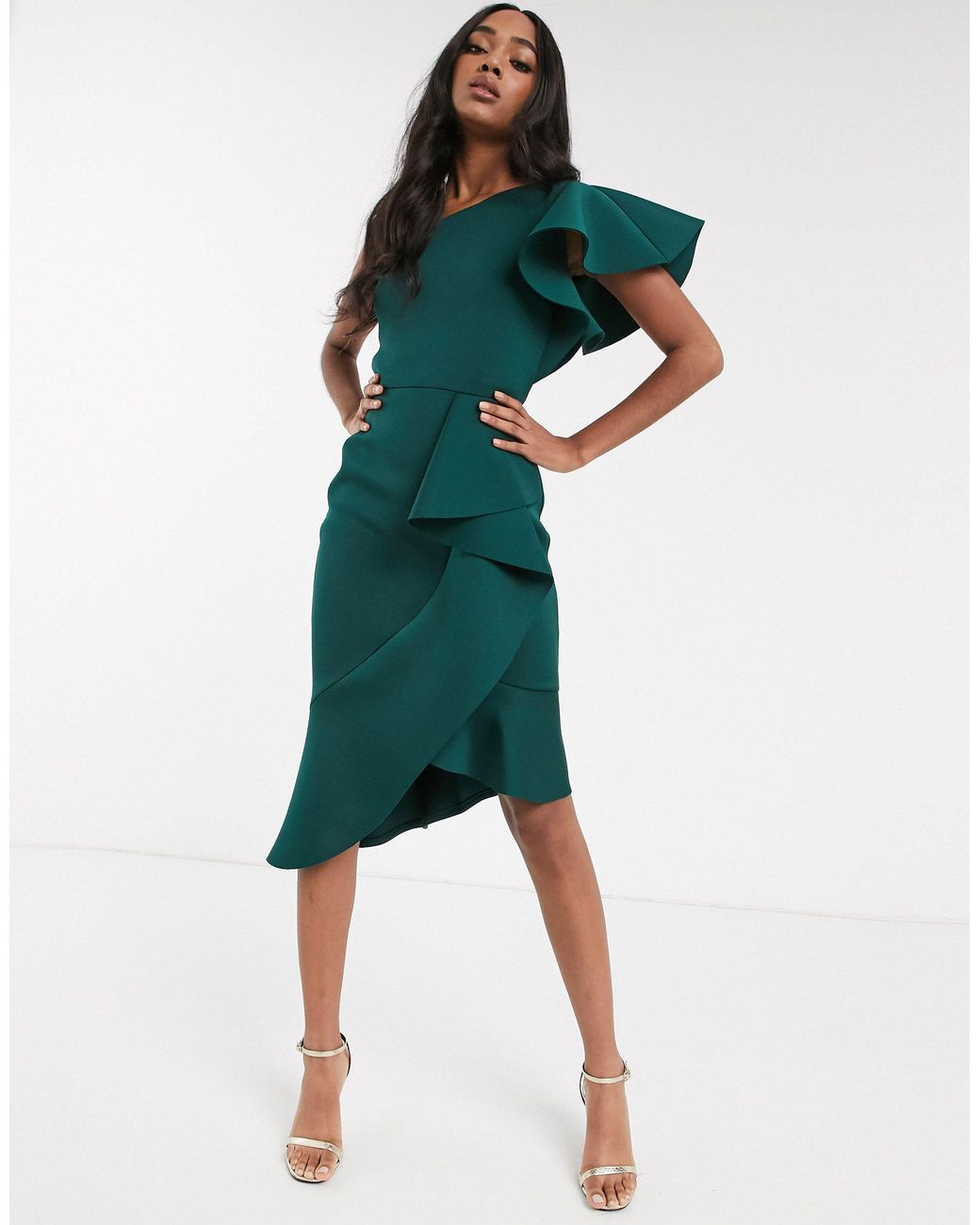 True Violet Exclusive One Shoulder Asymmetrical Midi Dress in Green | Lyst