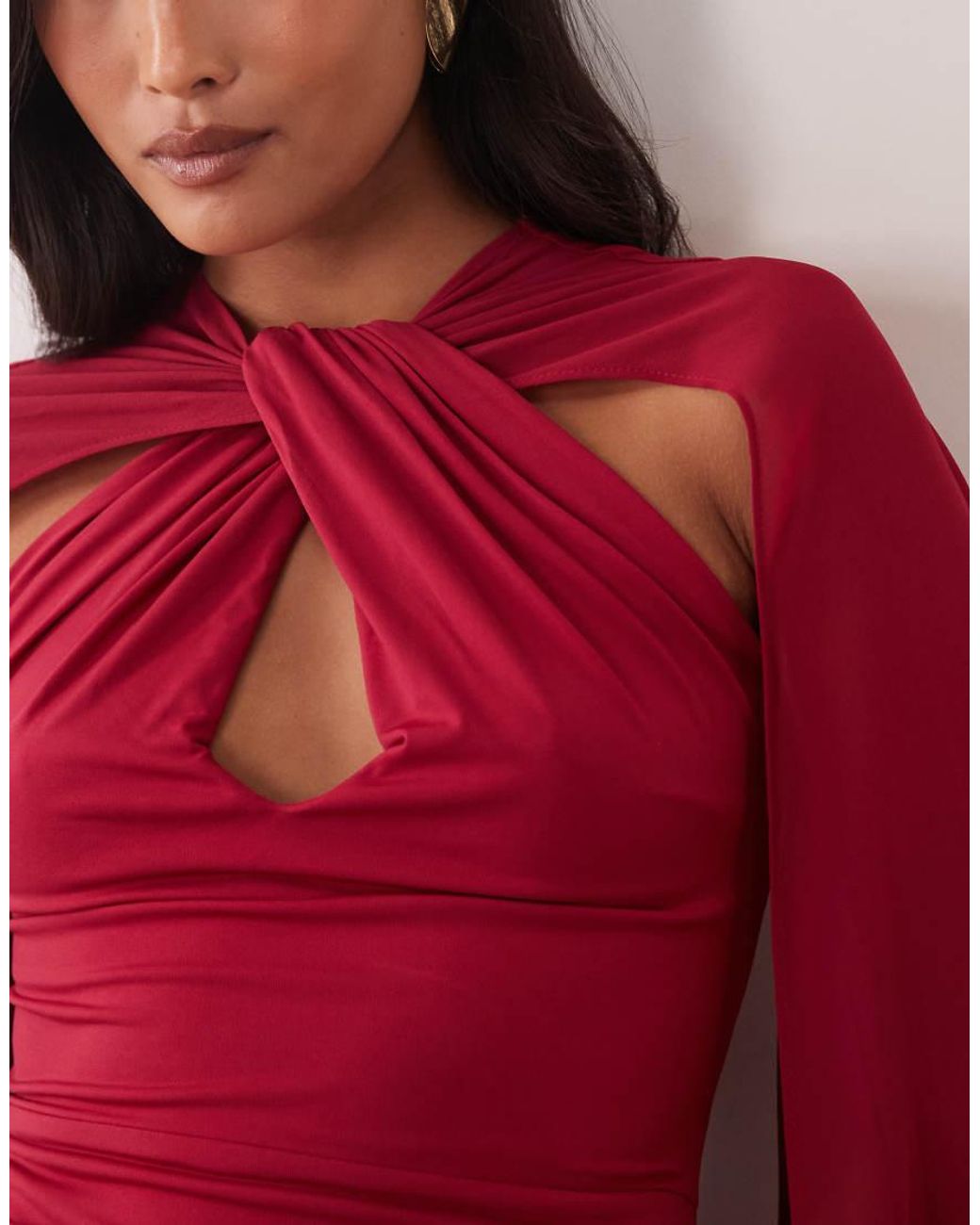 TFNC London Red Slinky Halter Neck Keyhole Detail Cape Sleeve Maxi Dress